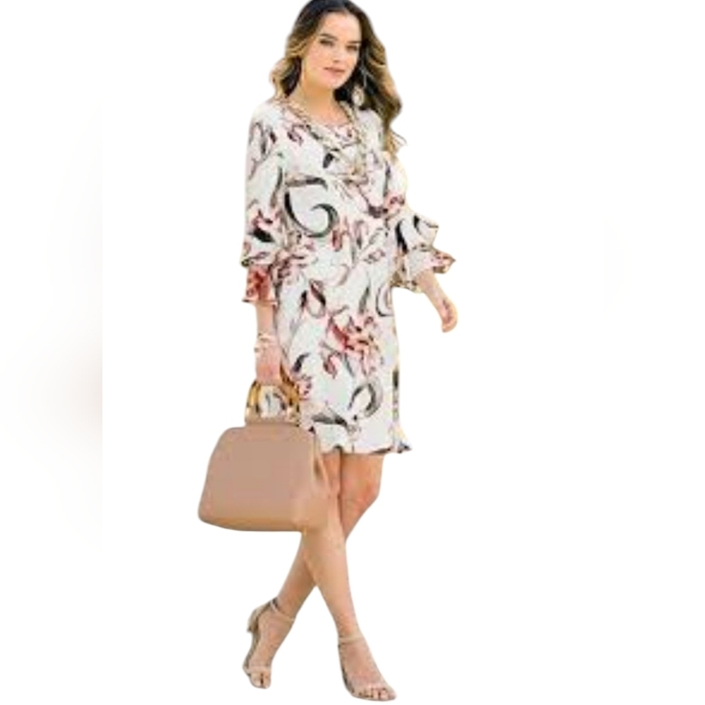 C Est. 1946 Dress Womens Multicolor Floral 3/4 Layered Flare Sleeve Stretch Sz L